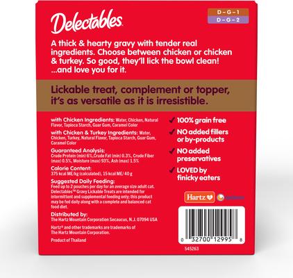 Show full view: Hartz Delectables Lickable Treat Gravy Non Seafood Variety Pack Lickable Cat Treats, 1.4-oz pouches, 12 count slide 9 of 13