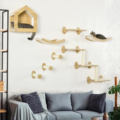 Show full view: jansno Climbing Playground 10 Levels Wall-Mounted Cat Shelves with Tree & Hammock, Oak slide 4 of 6