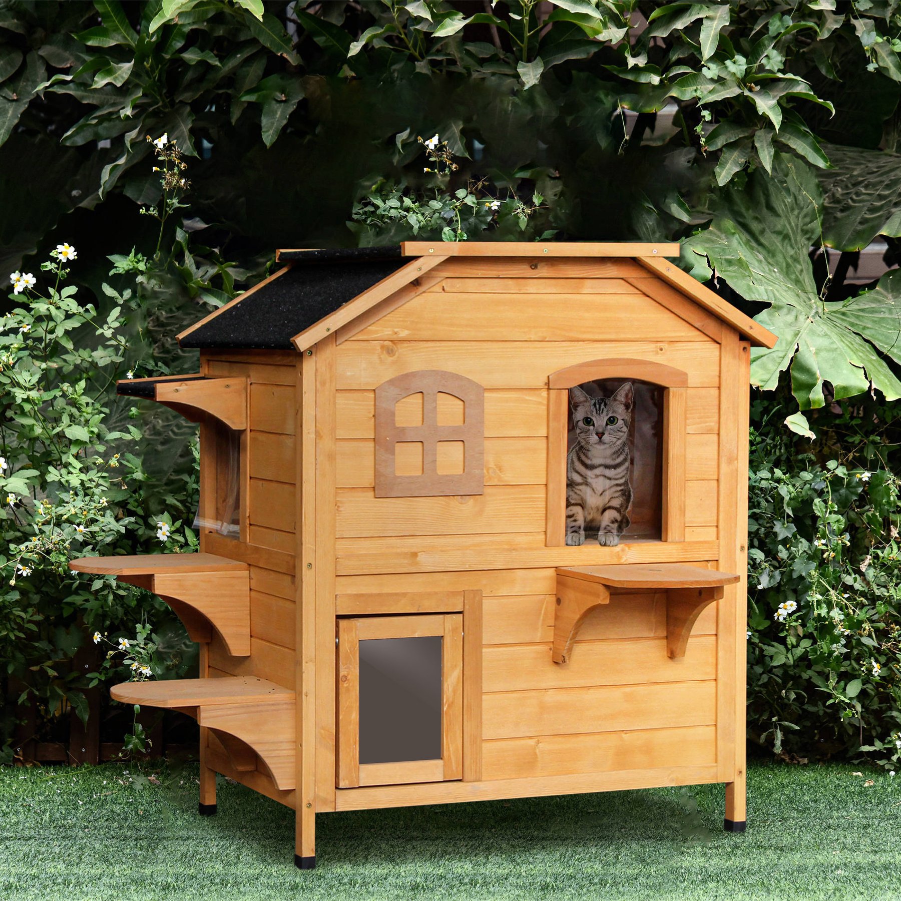jansno Wood 2-Story Escape Door, Openable Roof, Jumping Platforms Feral Cat House, Natural Wood