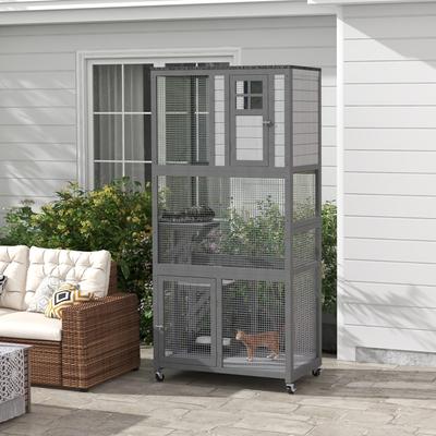 Show full view: jansno Weatherproof & Wheeled with High Weight Capacity Wood Outdoor Cat House & Condo, Light Gray slide 5 of 7