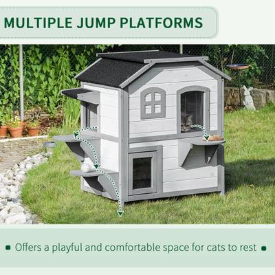 Show full view: jansno Wood 2-Story Escape Door, Openable Roof, Jumping Platforms Feral Cat House, White slide 4 of 7