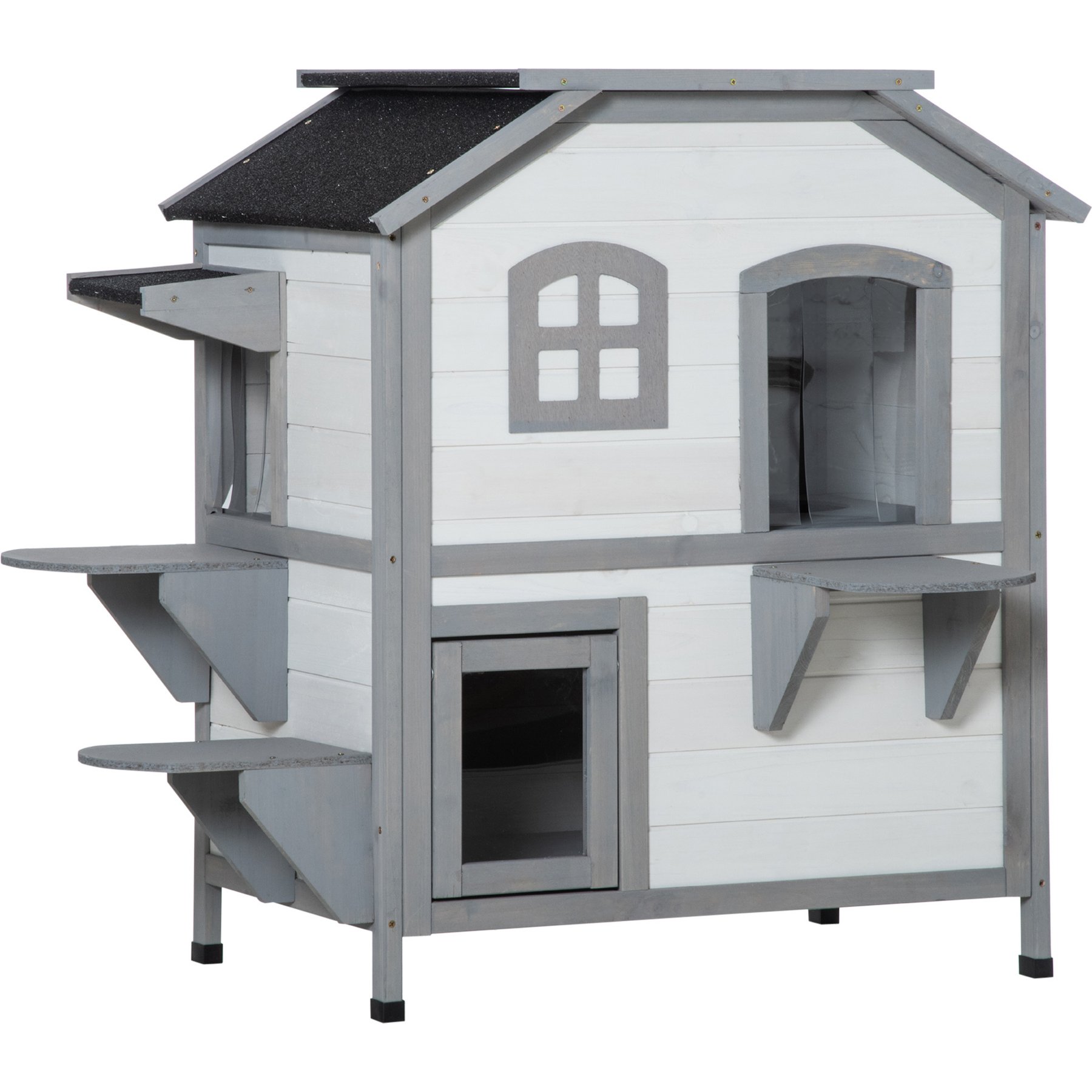 Zeus & Ruta Wood 2-Story Escape Door, Openable Roof, Jumping Platforms Cat House, White