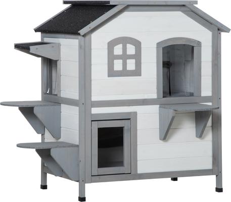 Show full view: jansno Wood 2-Story Escape Door, Openable Roof, Jumping Platforms Feral Cat House, White slide 2 of 7