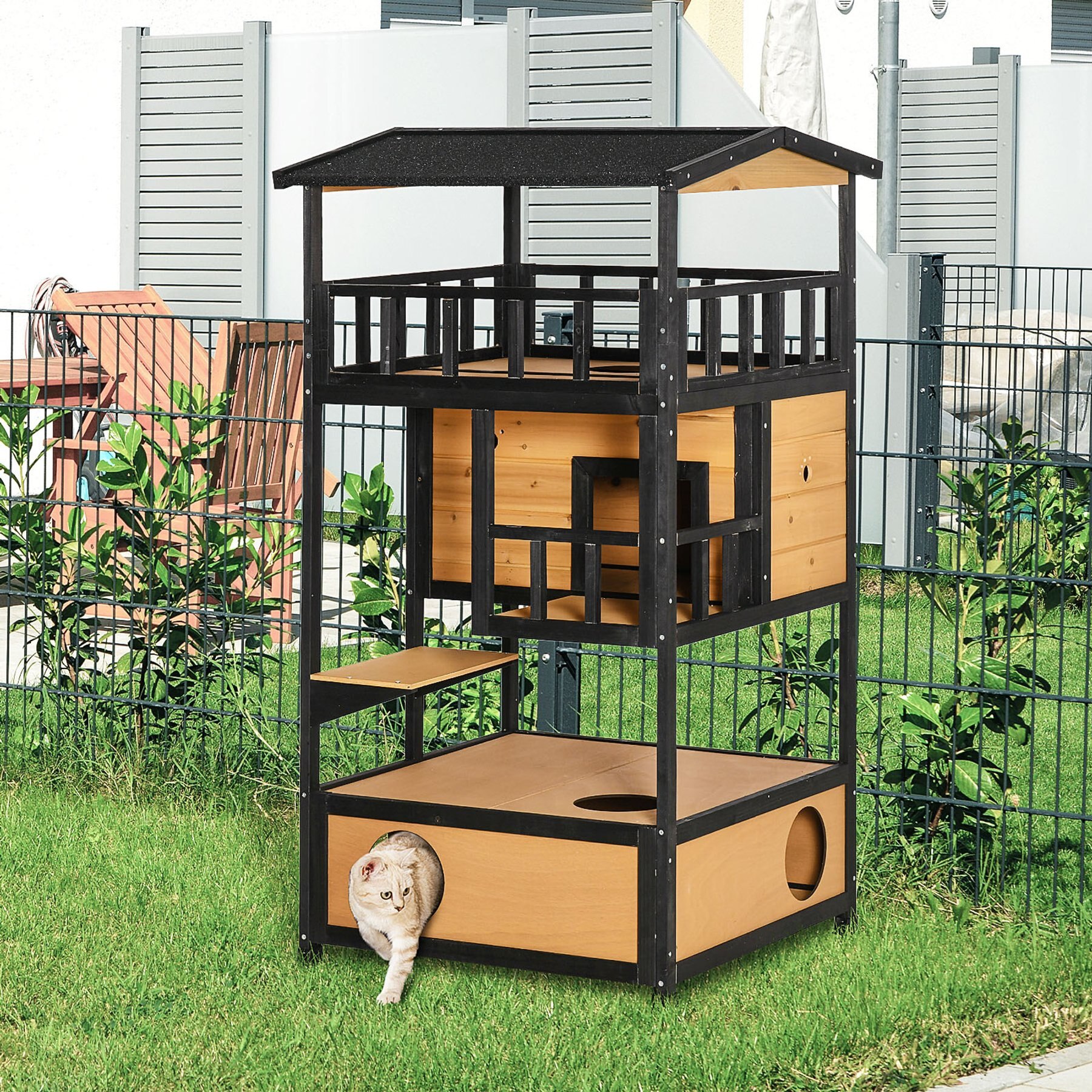 jansno Asphalt Roof Wood Outdoor Cat House with Tree & Condo, Yellow