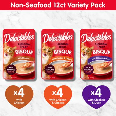 Show full view: Hartz Delectables Lickable Treat Bisque Non-Seafood Variety Pack Lickable Cat Treats, 1.4-oz pouch, 12 count slide 7 of 12
