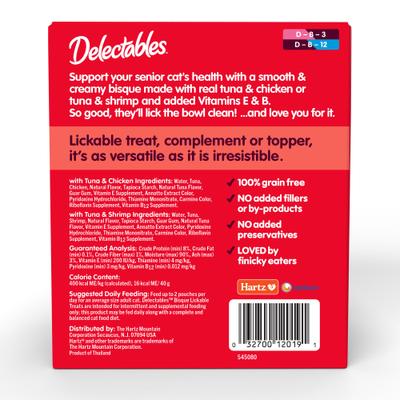 Show full view: Hartz Delectables Lickable Treat Bisque for Senior 10+ Variety Pack Lickable Cat Treats, 1.4-oz pouch, 12 Count slide 9 of 12