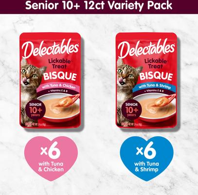 Show full view: Hartz Delectables Lickable Treat Bisque for Senior 10+ Variety Pack Lickable Cat Treats, 1.4-oz pouch, 12 Count slide 7 of 12