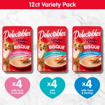 Show full view: Hartz Delectables Lickable Treat Bisque Variety Pack Lickable Cat Treats, 1.4-oz pouch, 12 count slide 7 of 12