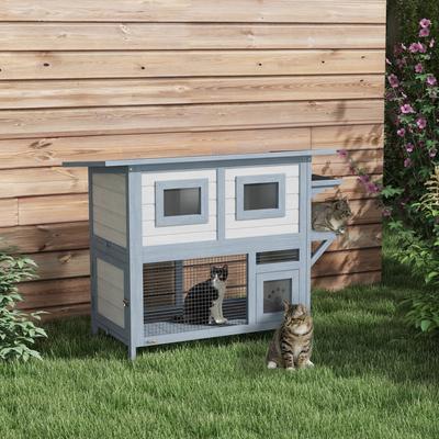 Show full view: jansno Escape Door, Asphalt Roof 2 Tier Wood Weatherproof Cat House, Light Gray slide 2 of 8