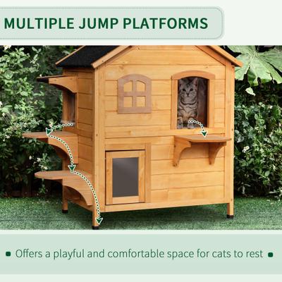 Show full view: jansno Wood 2-Story Escape Door, Openable Roof, Jumping Platforms Feral Cat House, Natural Wood slide 5 of 7