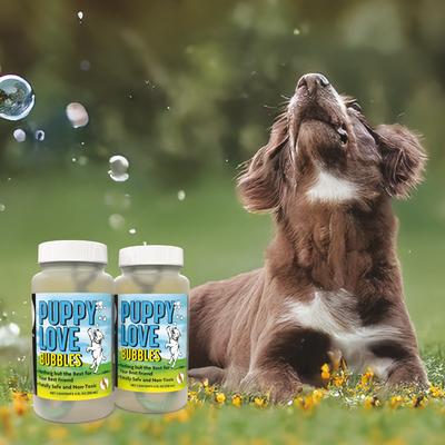 Show full view: Atomic Bubbles Puppy Love Peanut Butter Scented Bubbles Chasers Dog Toy, 4-fl oz bottle, 2 count slide 2 of 7