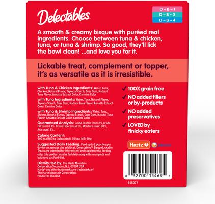 Show full view: Hartz Delectables Lickable Treat Bisque Variety Pack Lickable Cat Treats, 1.4-oz pouch, 12 count slide 9 of 12
