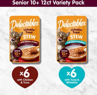 Show full view: Hartz Delectables Lickable Treat Stew for Senior 10+ Variety Pack Lickable Cat Treats, 1.4-oz pouch, 12 Count slide 7 of 12