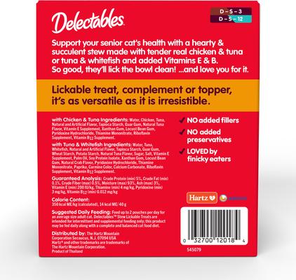 Show full view: Hartz Delectables Lickable Treat Stew for Senior 10+ Variety Pack Lickable Cat Treats, 1.4-oz pouch, 12 Count slide 9 of 12