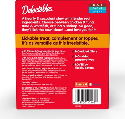 Show full view: Hartz Delectables Lickable Treat Stew Variety Pack Lickable Cat Treats, 1.4-oz pouch, 12 count slide 9 of 13