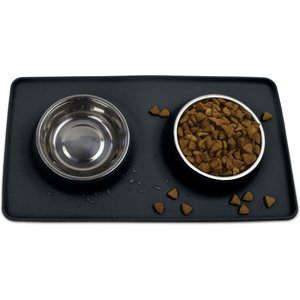 Companion Gear Silicone Placemat & Non-Skid Stainless Steel Dog & Cat Bowls, Black, Small: 18 x 10-in, 1.5-cup