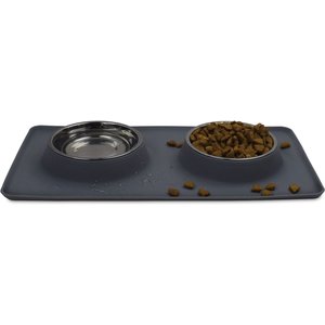 Companion Gear Silicone Placemat & Non-Skid Stainless Steel Dog & Cat Bowls, Grey, Large: 23.5 x 13.5-in, 4.7-cup