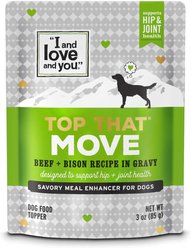 I and Love and You Top That Move Beef with Bison Recipe in Gravy Wet Dog Food Topper, 3-oz pouch, case of 12