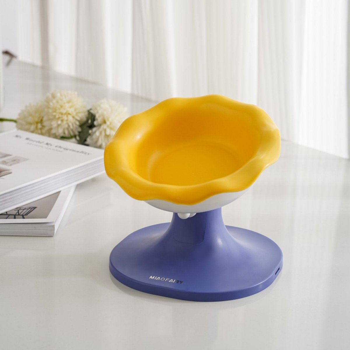Fairela Adjustable Flower Rim Elevated Dog & Cat Bowl, Small: 2-cup, Yellow/Blue