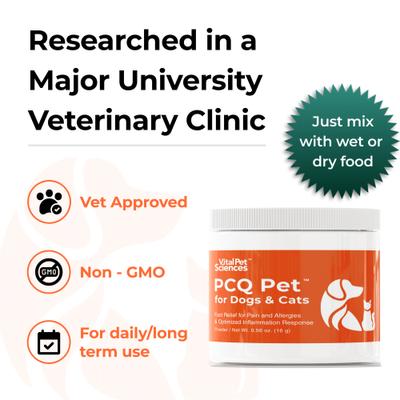 Show full view: Vital Pet Sciences PCQ Pet Powder Pain Relief & Allergy Support Supplement for Dogs & Cats, 0.56-oz jar slide 4 of 10