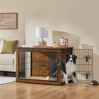 Show full view: Yaheetech Industrial Wooden Dog Crate with Cushion, 38-in, Rustic Brown slide 2 of 7