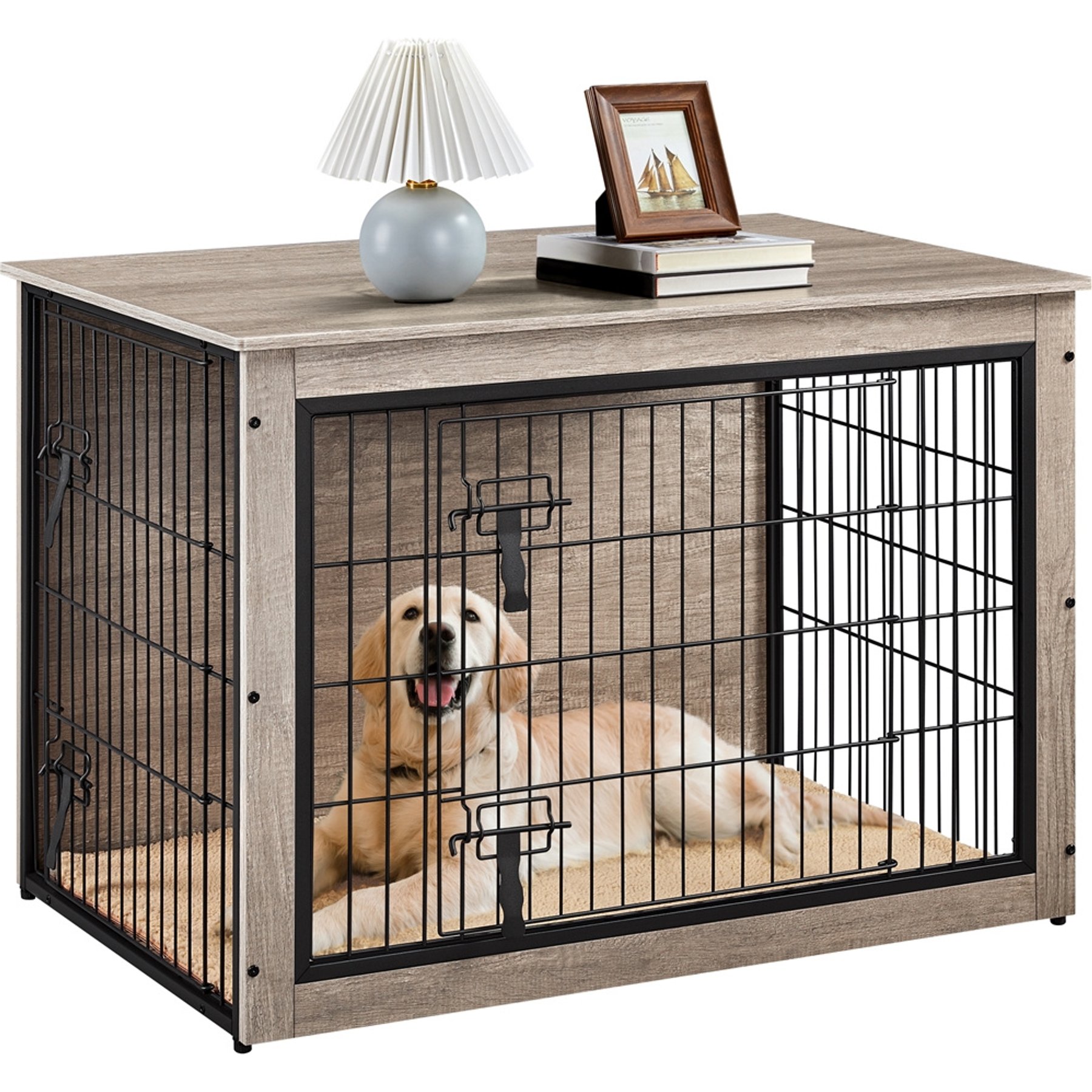 Yaheetech Industrial Wooden Dog Crate with Cushion, 38-in, Gray
