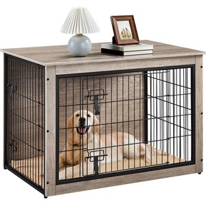 Yaheetech Industrial Wooden Dog Crate with Cushion, 38-in, Gray