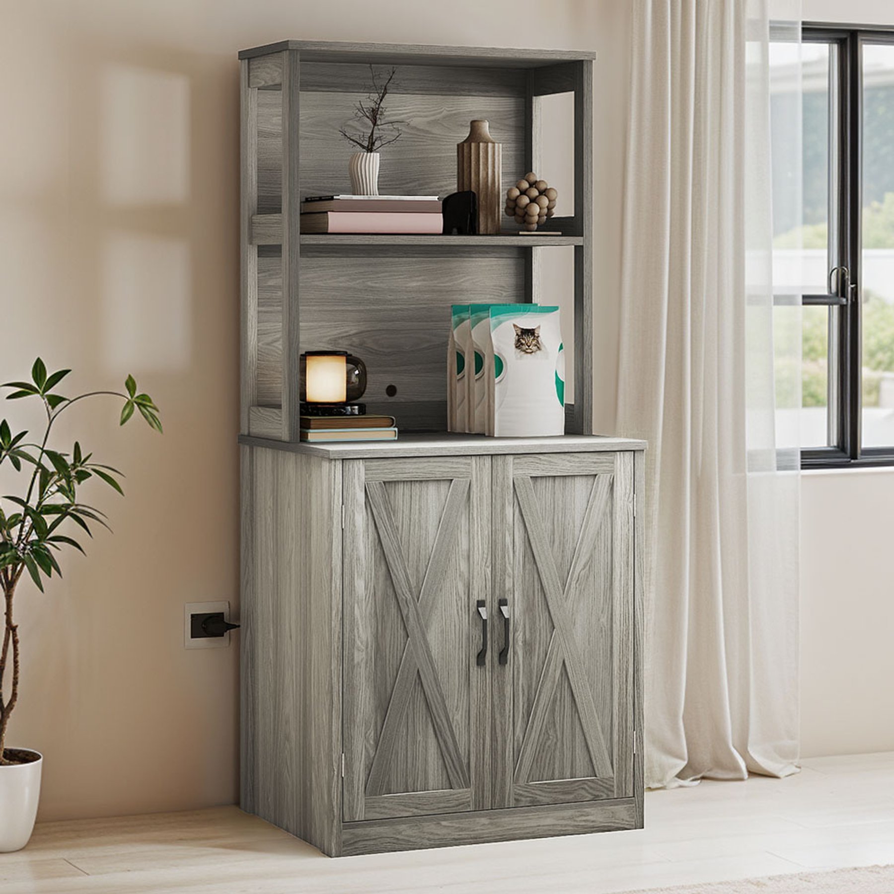 Wooflex Wooden Cabinet Furniture Style Cat Litter Box Enclosure with Storage Shelf, Grey