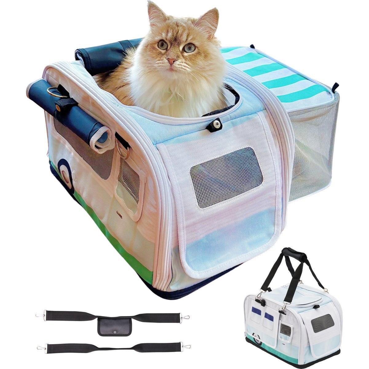 Kittyrama 2-in-1 Expandable & Collapsible Cat Carrier & Hideaway, Baby Blue Roamer, 17 x 11 x 11-in