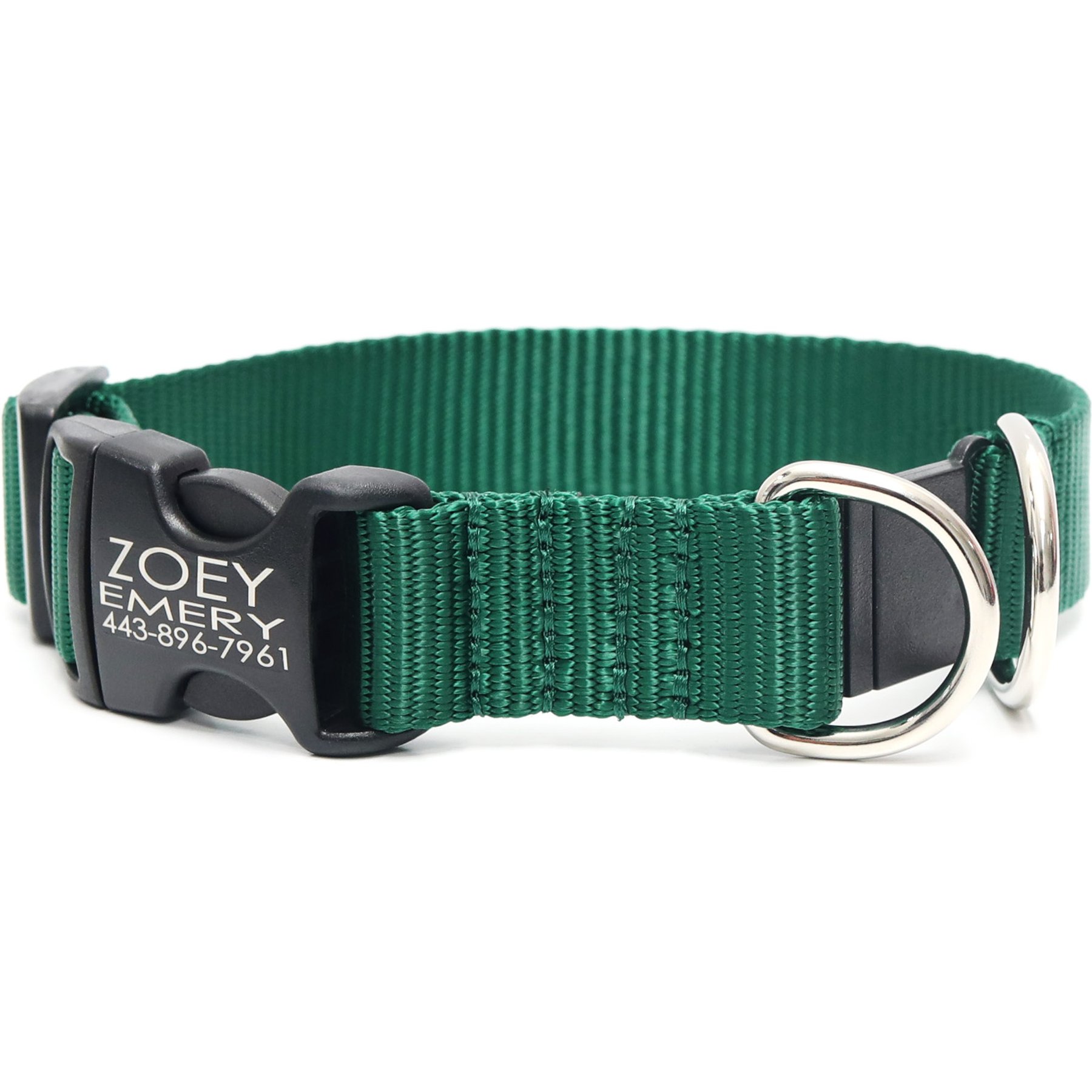 Mimi Green Breakaway Personalized Nylon Dog Collar with Black Plastic Buckle, Forest Green, Medium: 12 to 15-in neck, 3/4-in wide