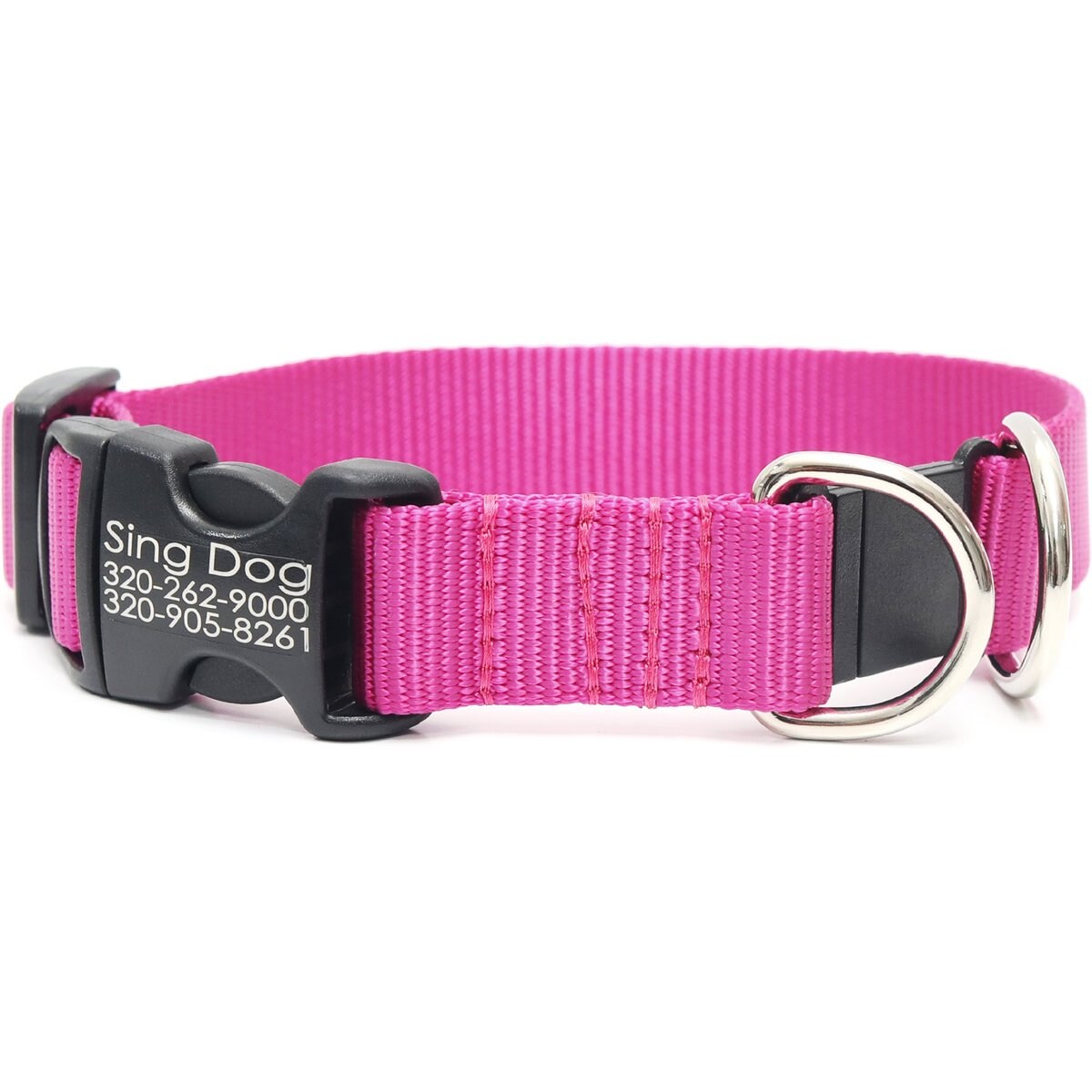 Mimi Green Breakaway Personalized Nylon Dog Collar with Black Plastic Buckle, Raspberry, Small: 9 to 12-in neck, 3/4-in wide