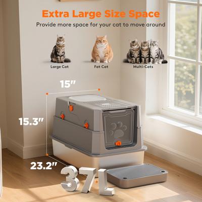 Show full view: JOEJOY Enclosed Stainless Steel Cat Litter Box with Scoop, 22.83-in, Dark Gray slide 3 of 9