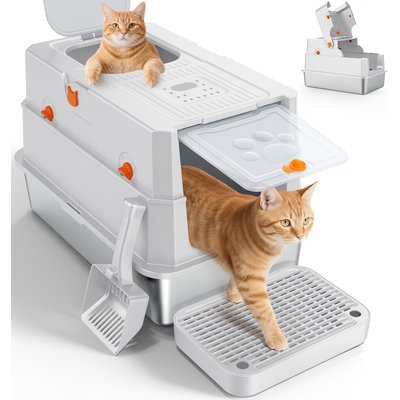 JOEJOY JOEJOY Enclosed Stainless Steel Cat Litter Box with Scoop, 22.83-in, Silver Gray