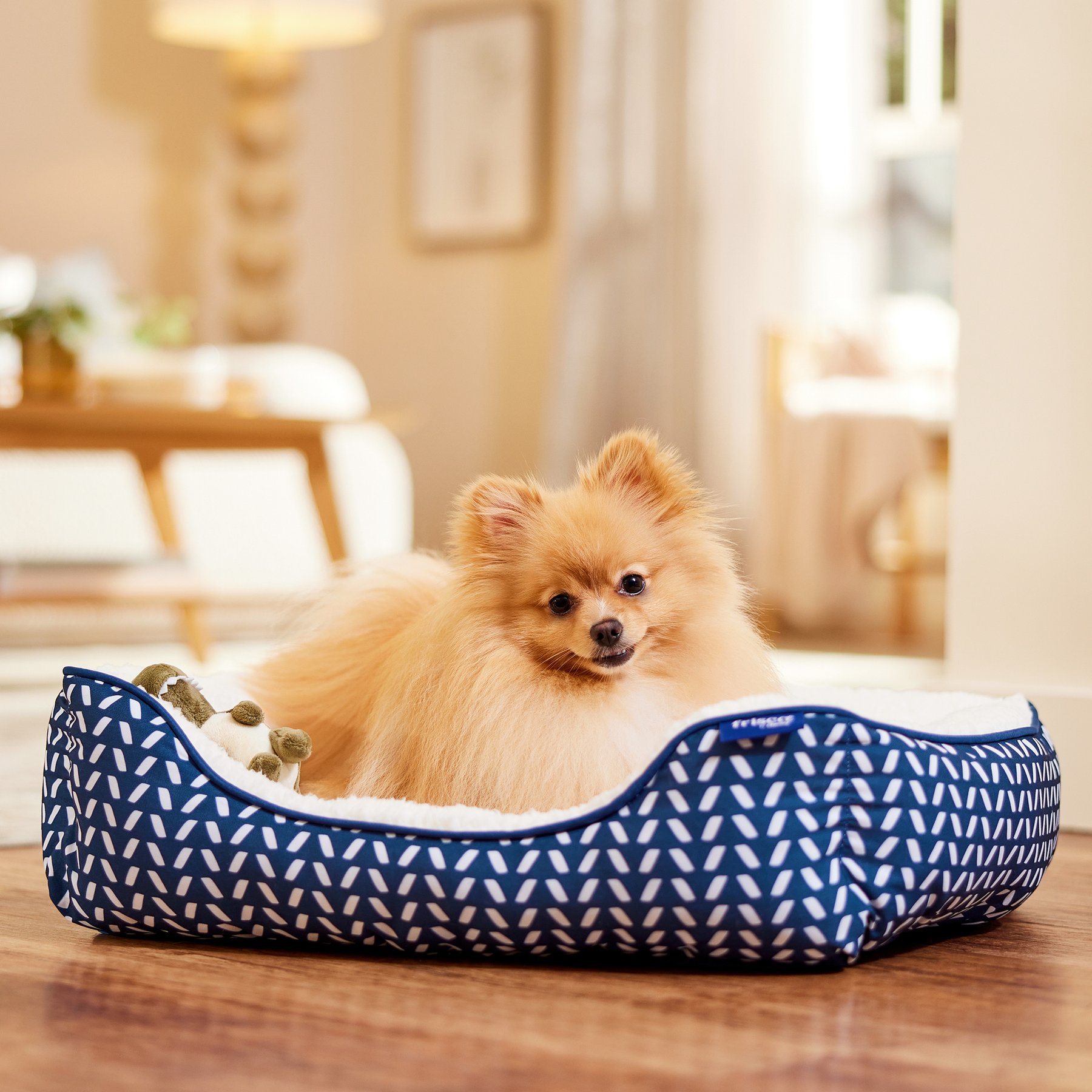 Frisco Sherpa Bolster Cat & Dog Bed, Navy Herringbone, Small