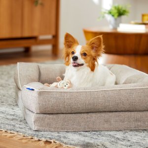 Frisco Plush Orthopedic Front Bolster Cat & Dog Bed w/Removable Cover, Beige, Medium