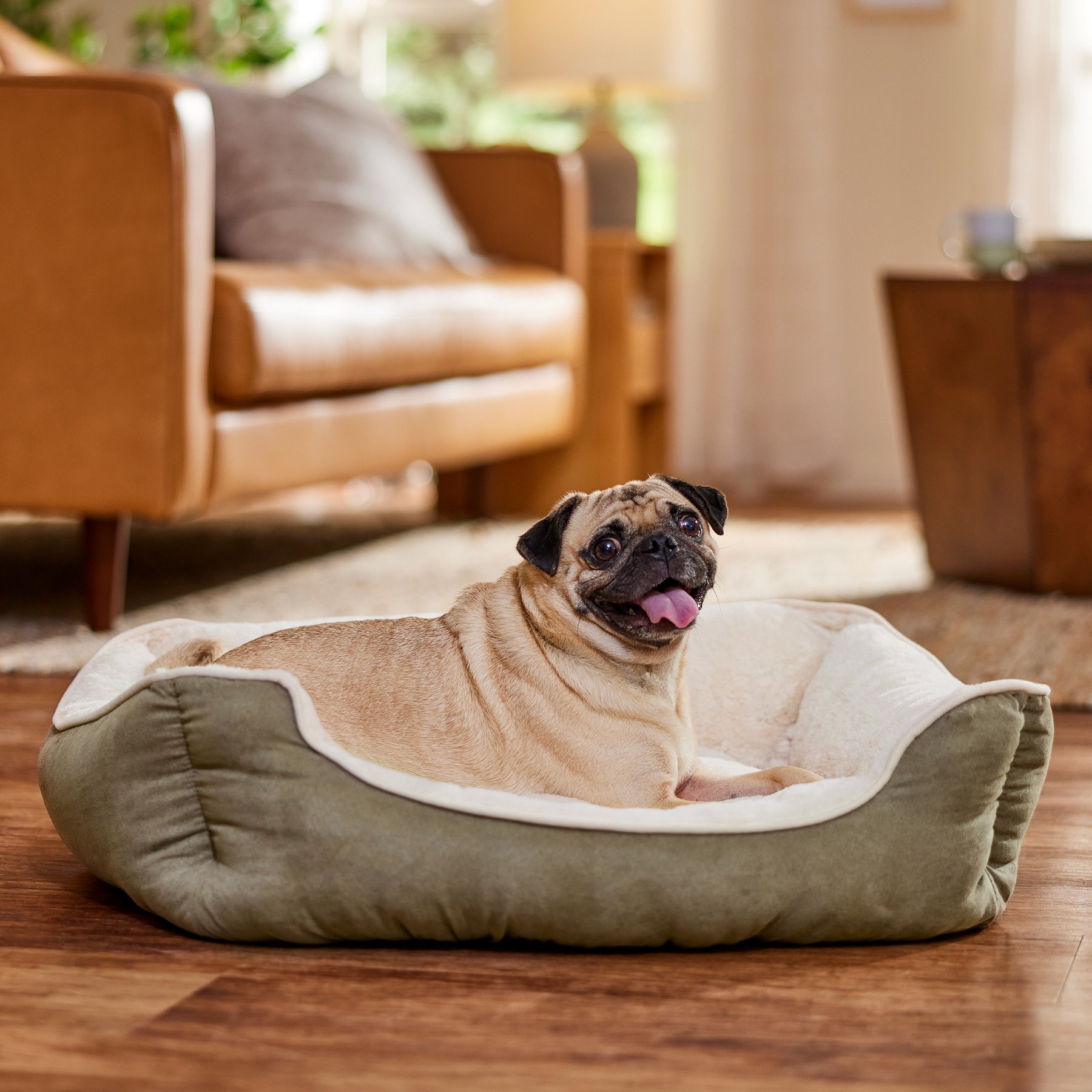 Frisco Faux Suede Bolster Cat & Dog Bed, Khaki Green, Medium