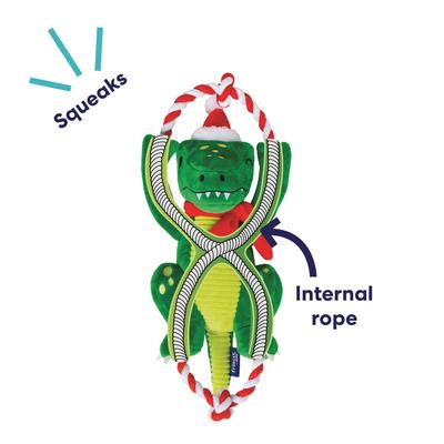 Show full view: Frisco Holiday Plush with Rope Squeaky Dog Toy, Dinosaur, Medium/Large slide 4 of 10