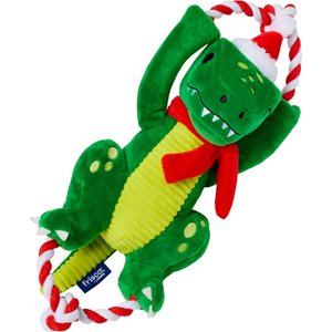 Frisco Holiday Plush with Rope Squeaky Dog Toy, Dinosaur, Medium/Large