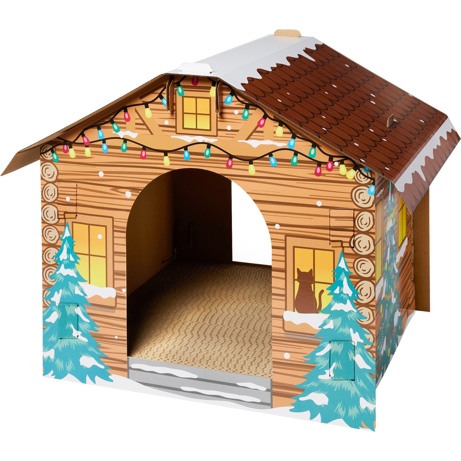 Frisco Holiday Festive Cabin Cardboard Cat House with Silvervine & Catnip