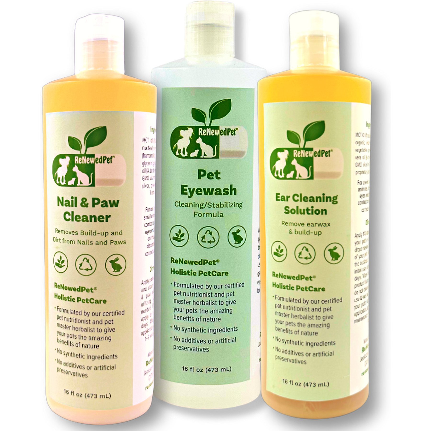 RenewedPet Pet Kit Ear Cleaning, Eyewash, Nail & Paw Cleaner, 3 count, 16-fl oz bottle