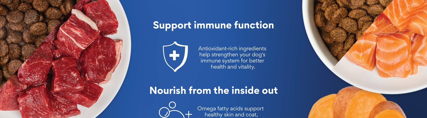 Support immune function. Antioxidant-rich ingredients help strengthen your dog's immune system for better health and vitality. Nourish from the inside out. Omega fatty acids support healthy skin and coat, while DHA aids in brain and vision development.