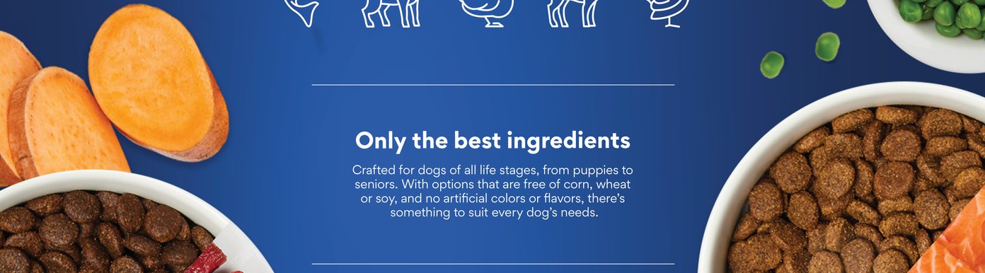 Only the best ingredients. Crafted for dogs of all life stages, from puppies to seniors. With options that are free of corn, wheat or soy, and no artificial colors or flavors, there’s something to suit every dog’s needs.