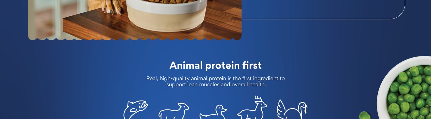 Animal protein first. Real, high-quality animal protein is the first ingredient to support lean muscles and overall health.