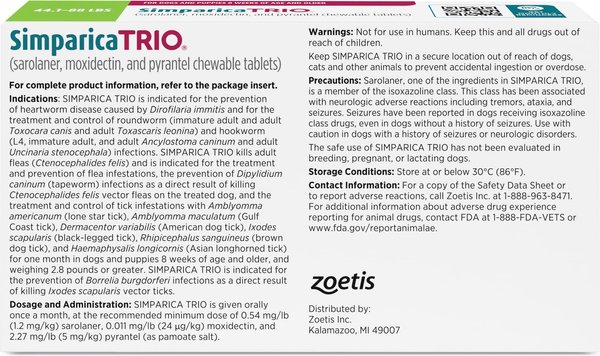 Show full view: Simparica Trio Chewable Tablet for Dogs, 44.1-88 lbs, (Green Box), 6 Chewable Tablets (6-mos. supply) slide 2 of 13