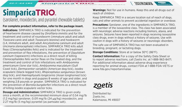 Show full view: Simparica Trio Chewable Tablet for Dogs, 22.1-44.0 lbs, (Teal Box), 6 Chewable Tablets (6-mos. supply) slide 2 of 13