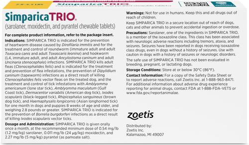 Show full view: Simparica Trio Chewable Tablet for Dogs, 2.8-5.5 lbs, (Gold Box), 6 Chewable Tablets (6-mos. supply) slide 2 of 13