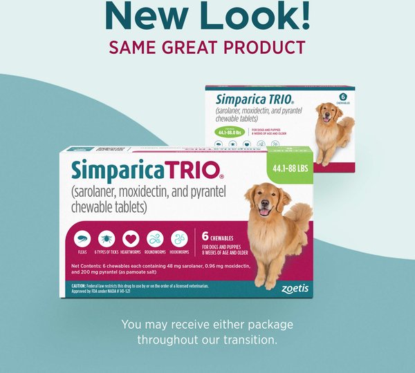 Show full view: Simparica Trio Chewable Tablet for Dogs, 44.1-88 lbs, (Green Box), 6 Chewable Tablets (6-mos. supply) slide 9 of 13
