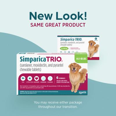 Show full view: Simparica Trio Chewable Tablet for Dogs, 44.1-88 lbs, (Green Box), 12 Chewable Tablets (12-mos. supply) slide 9 of 13
