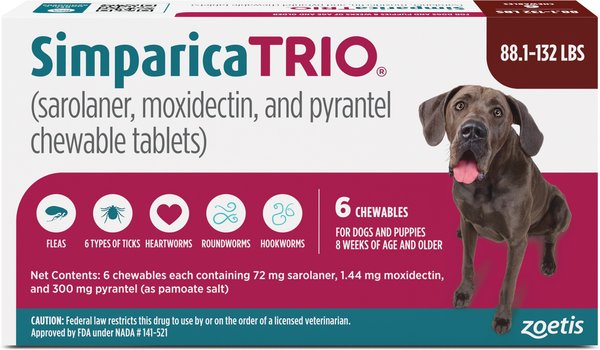 Simparica Trio Chewable Tablet for Dogs, 88.1-132.0 lbs, (Brown Box)