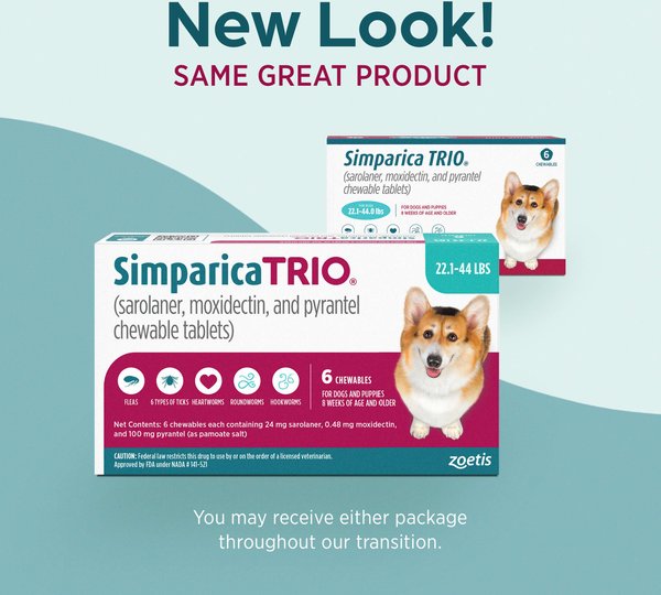 Show full view: Simparica Trio Chewable Tablet for Dogs, 22.1-44.0 lbs, (Teal Box), 6 Chewable Tablets (6-mos. supply) slide 9 of 13